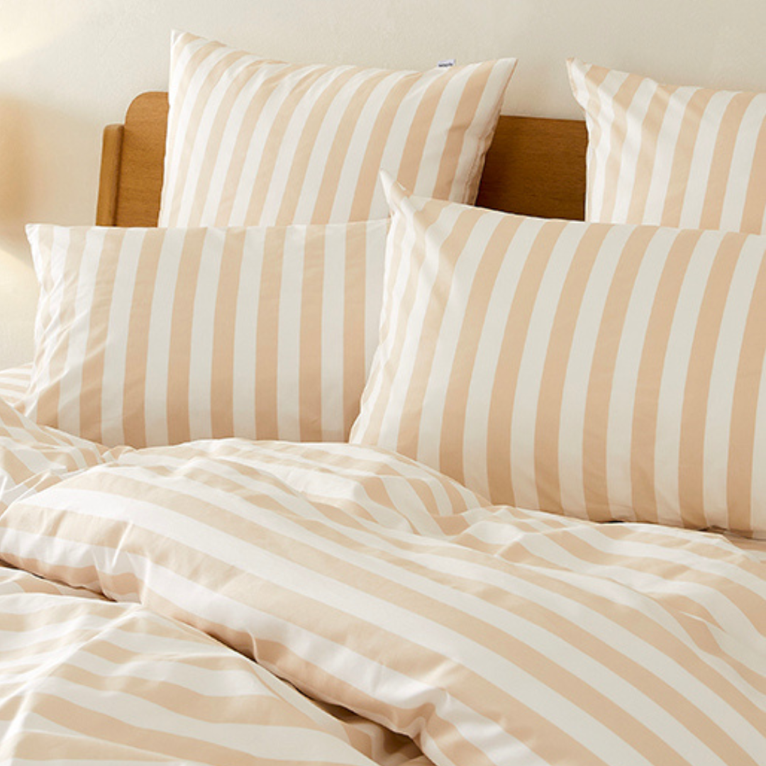 La taie d'oreiller en percale de coton bio - Rayures beige