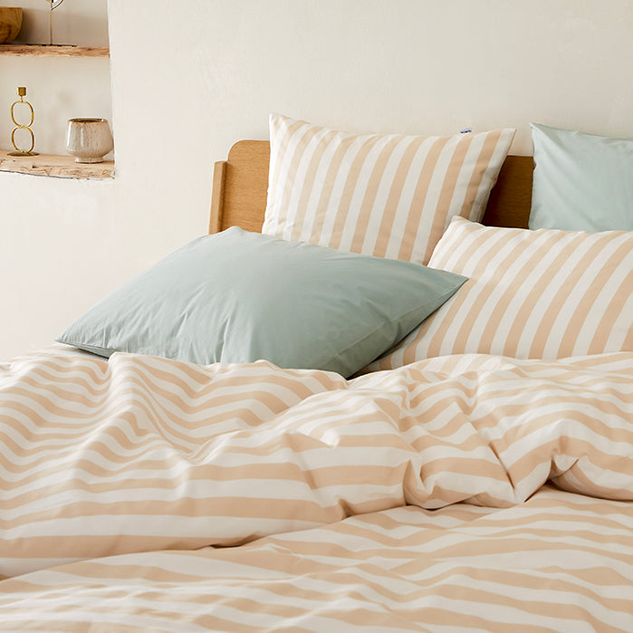 La taie d'oreiller en percale de coton bio - Rayures beige